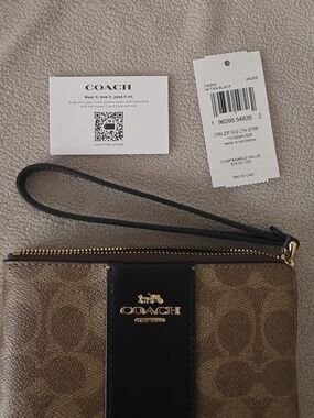 Coach Brown Signature Canvas Wristlet with Black Strap